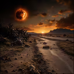 a beautiful red and yellow sunset over a dirt road