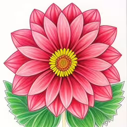 an adult sized drawing of a pink flower with green leaves,large red flower drawn on top of green leaves