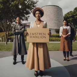 a woman holding an sign standing next to men and a woman