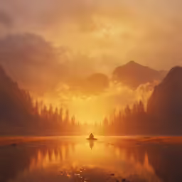 a man fishing in the middle of a beautiful lake