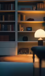 a chair is near a lamp in the dark