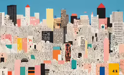 a painting with lots of tall buildings and no one around