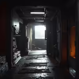 the hallway in the ship is lit by lights