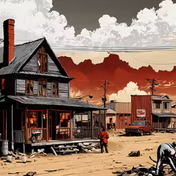 a stylized scene depicting a man picking up wood,an old western scene of two people digging dirt outside a small home