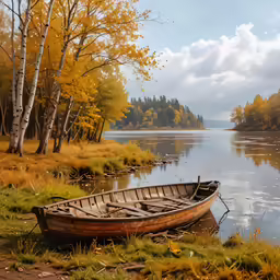 an old canoe is sitting in the grass near water