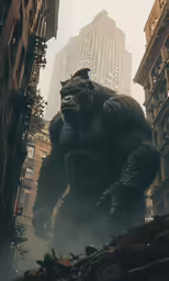 the big, black gorilla stands in front of a very tall building