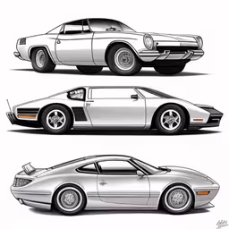 three white cars with different views of them,three car side by side in white background