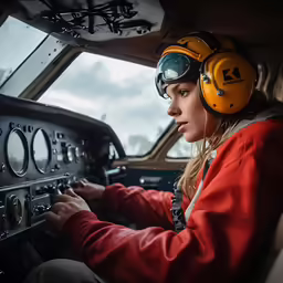 a female pilot wearing headphones looking in the cockpit