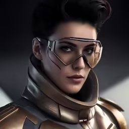 a woman dressed as an astronaut with futuristic glasses on her eyes