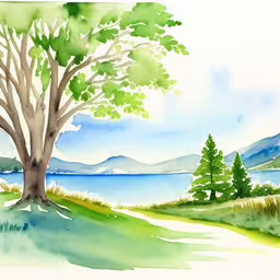 there is a painting of a tree near the lake,a painting depicting watercolor landscape with a tree and river,painting of a tree next to water and mountains,a painting of a lake with some trees,there is a tree next to a body of water