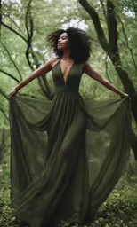 a woman in a forest is standing with her arms over her body, dressed in a green gown