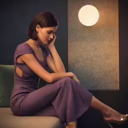 a woman sitting on a sofa, in a dark room with a lamp