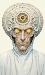 a person with yellow eyes and a white head