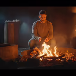 a man lighting up some small fire sticks