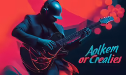 an advertisement with a man holding a guitar and headphones