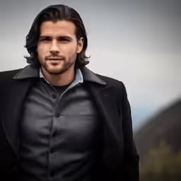 a man with long hair standing outside in the rain