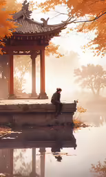 a person sitting on a ledge next to a pond