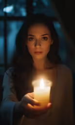 a woman holding a lit candle in her hand