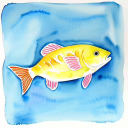 a fish painted in water with blue skies,an illustration of a fish floating in blue water