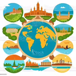 the world in a circle with different destinations,a globe with many tourist