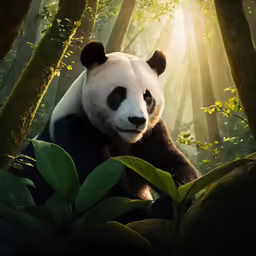 a panda bear sitting on top of a tree in the forest