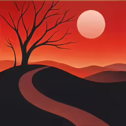 a landscape with a red sky and two bare trees