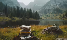 a stack of books sit on top of some logs in a field
