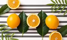 oranges, green leaves and an empty bottle of juice on a white striped table
