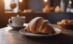 two croissants are displayed on a plate with coffee