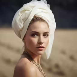 the young woman is posing on the beach with a turban