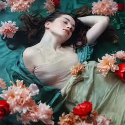a young woman laying on a green blanket in the middle of a flower carpet