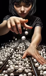 an animated woman is reaching over a model with lots of white balls