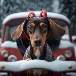 a dog is standing behind the rear gate of a red truck wearing red bell rings and christmas themed red bells