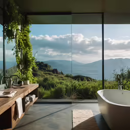 an expansive bathroom with a view over a mountain range