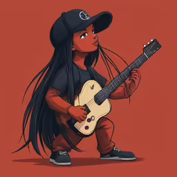 an animated character playing a guitar on a red background