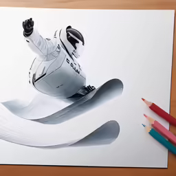a man on a snow board on a sheet of paper with pencils next to it