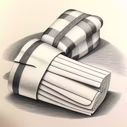 a sketched image of rolled up blankets,black and white drawing of pillows stacked on top of each other