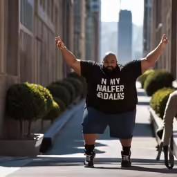 a man with a big shirt walking down the street