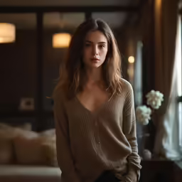 a young woman in sweater looking to her left