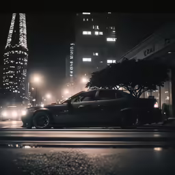 a car is parked in a dimly lit street with a skyscraper