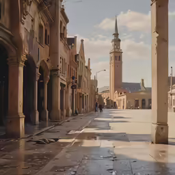 a long walkway next to tall building with towers