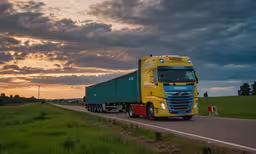 a large truck driving down a street during sunset,a yellow and blue semi truck drives along a grassy highway at sunset