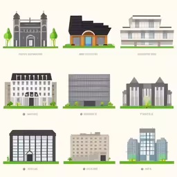different types and sizes of buildings are shown,several types of buildings on the ground in a flat style