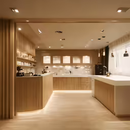 an open kitchen with white counter tops and beige walls