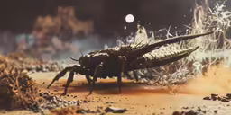 a large insect sitting on the ground next to a pile of dirt