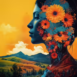 a woman with flowers in her hair standing against a yellow sky