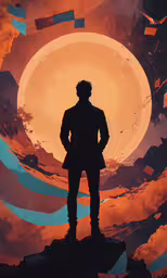 the silhouette of an anime standing at the top of a hill,an anime scene with a man standing with his hands on his hips