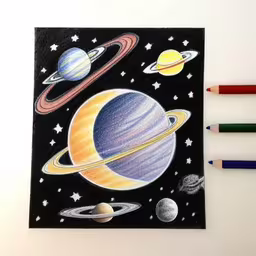 a drawing of planets with three different colored pencils