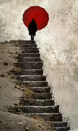 man with umbrella standing at top of stairs over water