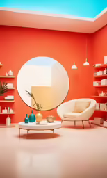a red living room with shelves and a white sofa